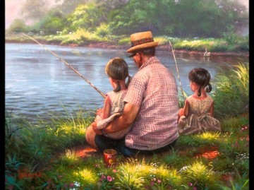 子供向け Painting - 子供向けの釣りの父と娘の漫画